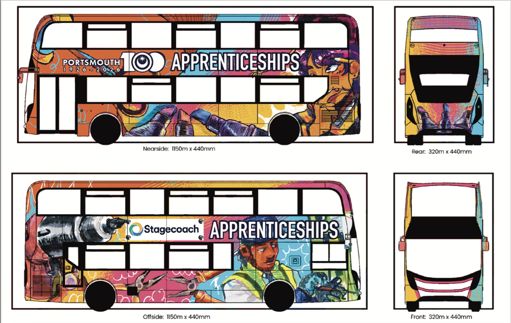 A graphic image showing a colourful design for a bus wrap, featuring both sides, front and rear.