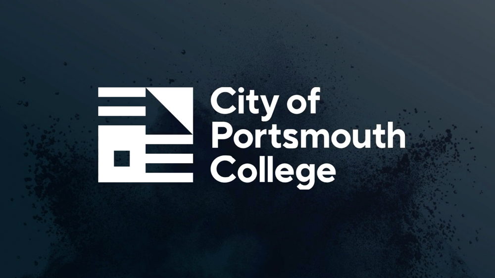 The City of Portsmouth College logo in white on a navy blue dappled background.