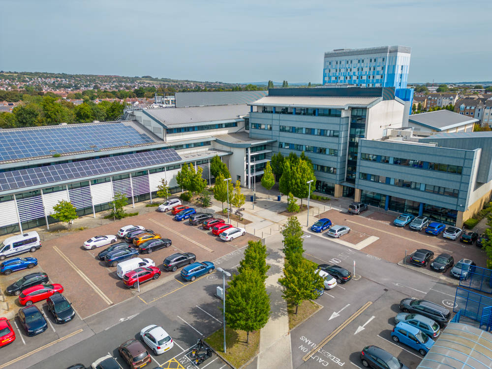Aerial view of car parking at City of Portsmouth College Highbury Campus
