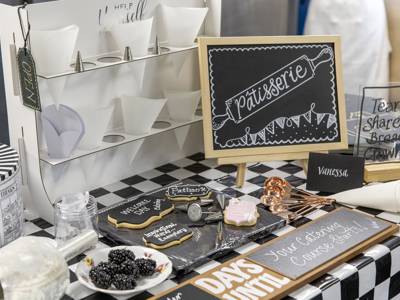 A display table for patisserie with biscuits 
