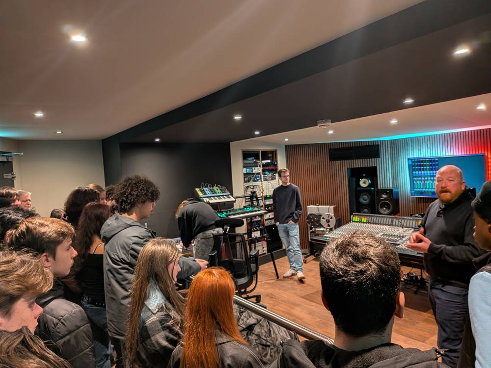 Abbey Road technicans talking to City of Portsmouth College students on their field trip