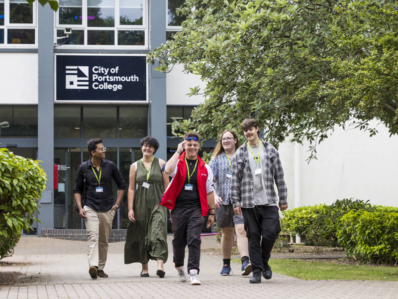 Group of students leaving class at the Sixth Form Campus 
