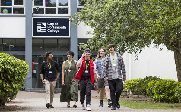 Group of students leaving class at the Sixth Form Campus