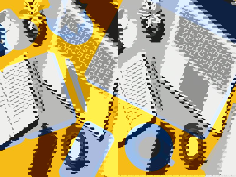 An illustration showing revision preparation - a laptop, book, lamp, pen and pad, and notes