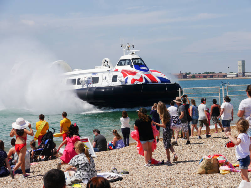 Hovercraft comes in to land at the hoverport on Southsea beach.