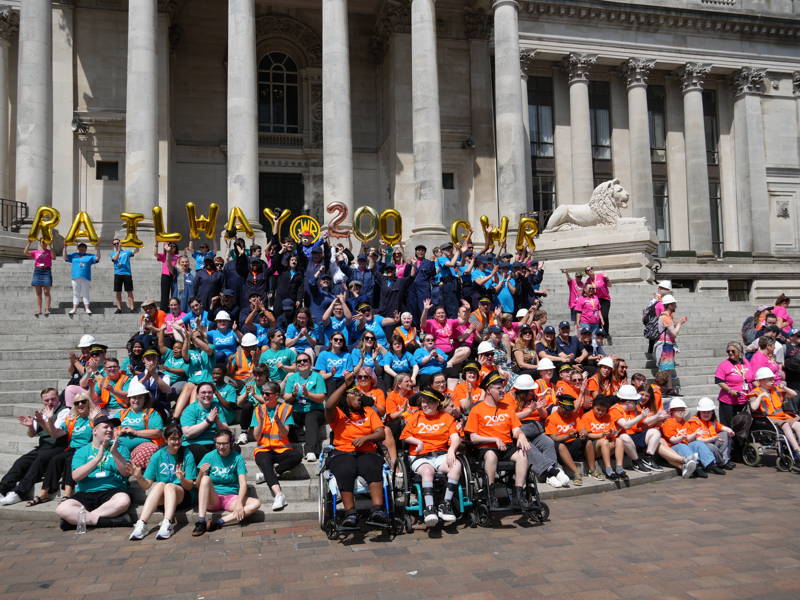 City of Portsmouth College students taking part in a flashmob for 200 years of the Great Western Railway on the steps of Portsmouth Guilldhall
