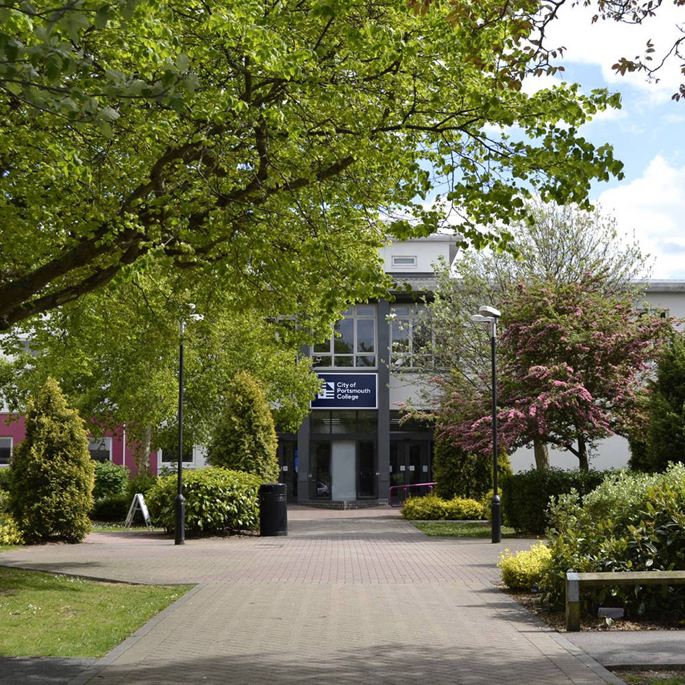 Outside the entrance of our Sixth Form Campus building in Tangier Road, Baffins, in Portsmouth city centre.