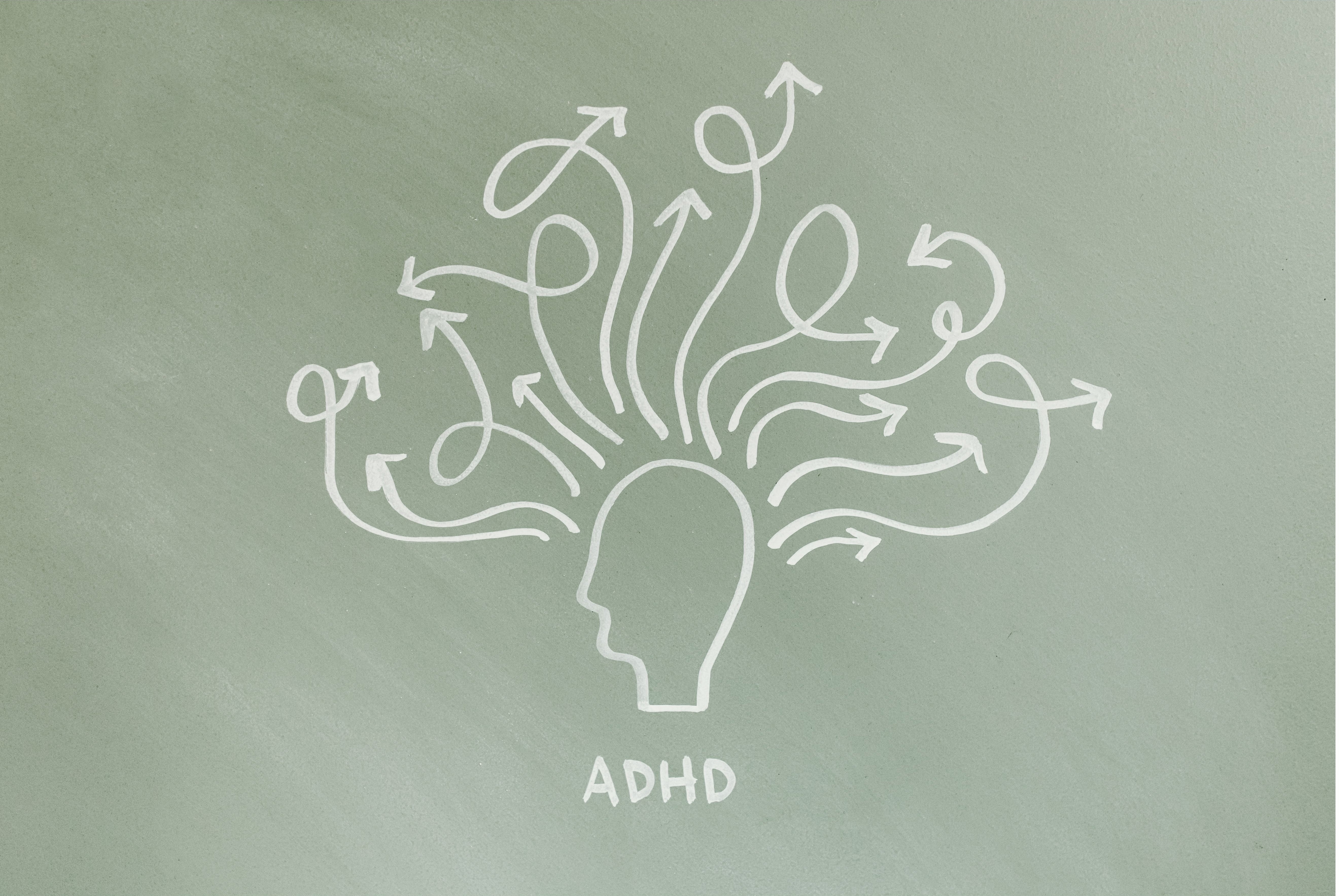 Image shows an illustration of a head with lots of thoughts coming out of it, to represent ADHD