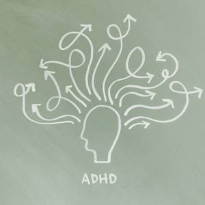 Image shows an illustration of a head with lots of thoughts coming out of it, to represent ADHD