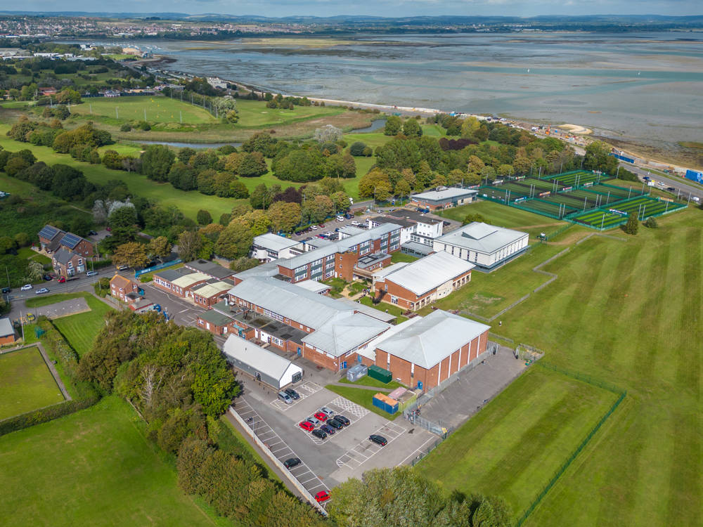 An arial shot of City of Portsmouth College's Sixth Form Campus showing it's proximity to Portsmouth's Eastern Road.