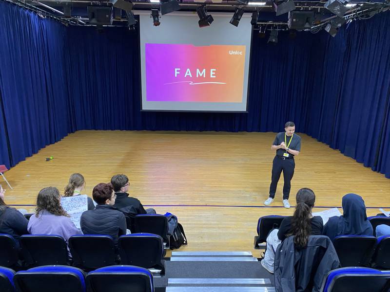 Hayden Taylor speaking to Aspire and Achieve students at City of Portsmouth College