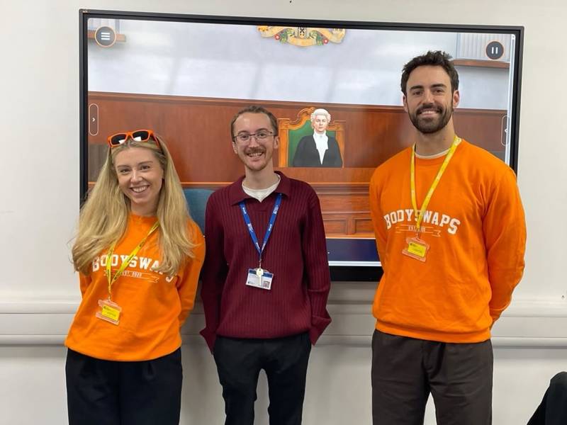 Janie Gonsalez and Paddy Ferguson from Bodyswaps pose with Jack Pauley from City of Portsmouth College