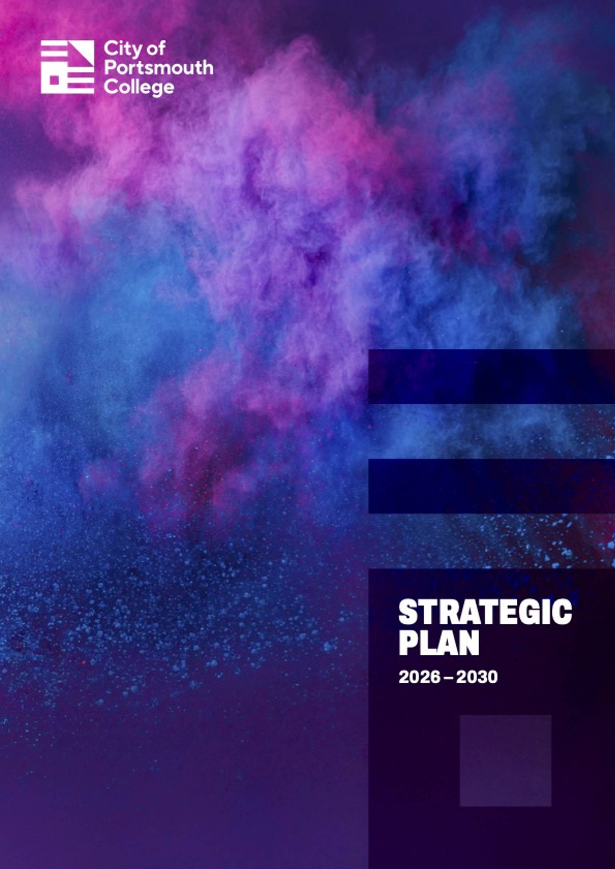 City of Portsmouth College's Strategic plan 2026-2030 document cover featuring a blue, purple and pink powder burst.