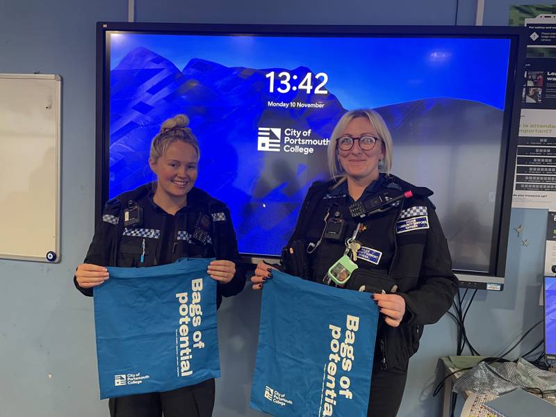 Police Community Support Officers Chloe Watkins and Natalie Gibson-Ford visiting City of Portsmouth College