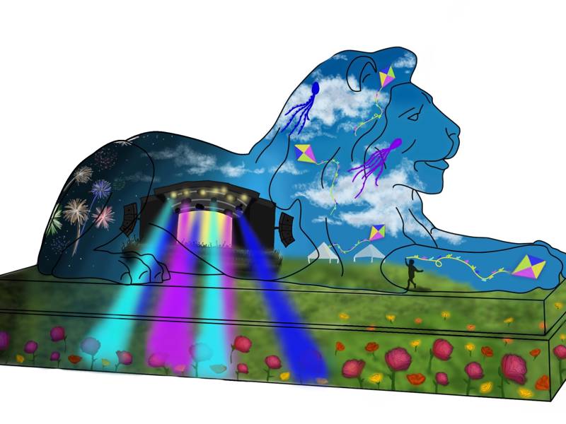 The winning design for the COPC lion competition, showing a lion coloured with bright blues, greens and other colours to represent Portsmouth's music scene